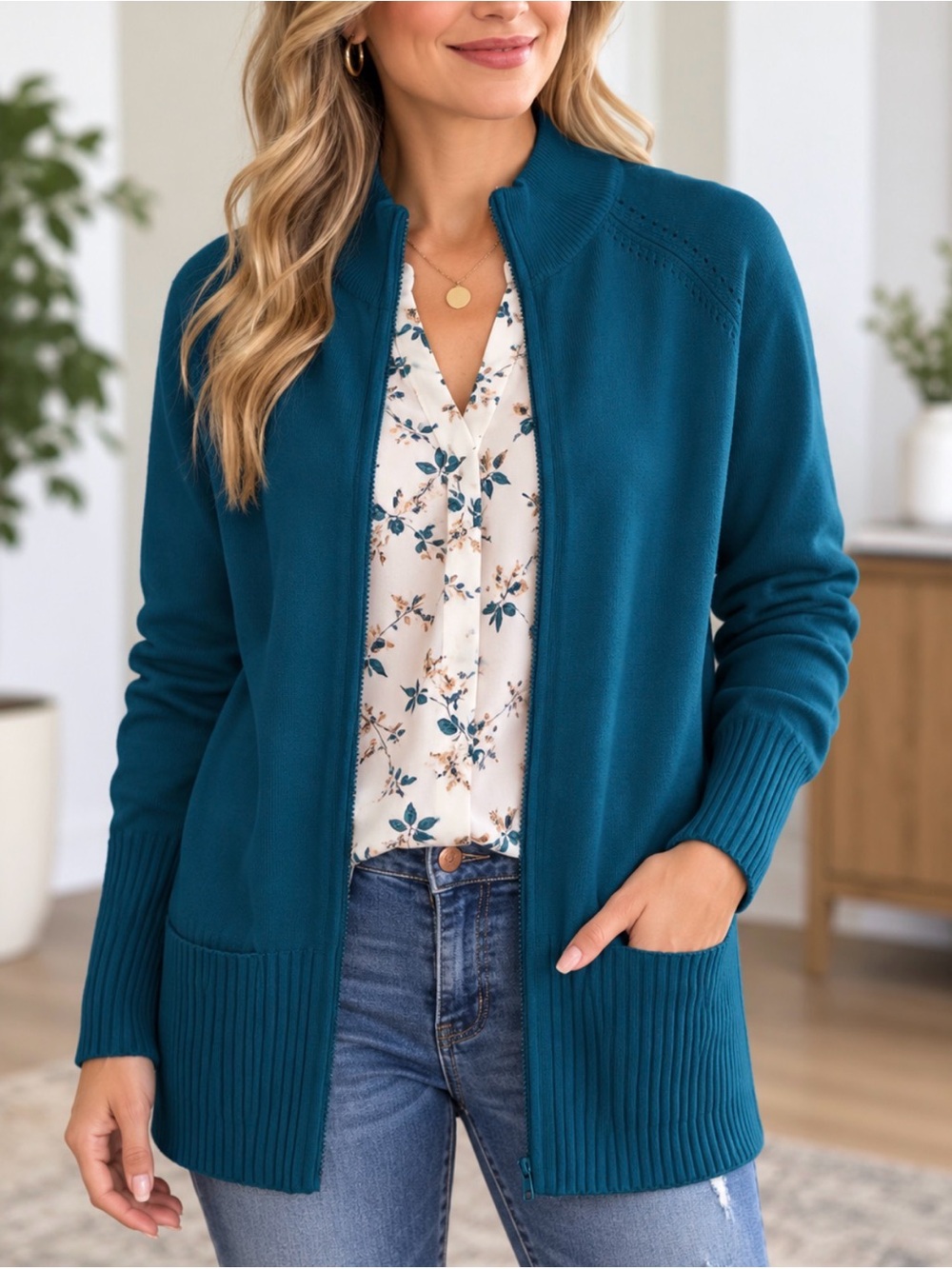 Grace Karin Teal Zip-Up Ribbed Hem Cardigan. Pockets!